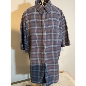 Madison Trader Mens Silk Cotton Plaid Short Sleeve Button Up Shirt Blue Orange M